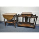 AN EARLY 20TH CENTURY OAK BARLEY TWIST UMBRELLA STAND, with a single drawer, and two tray inserts,