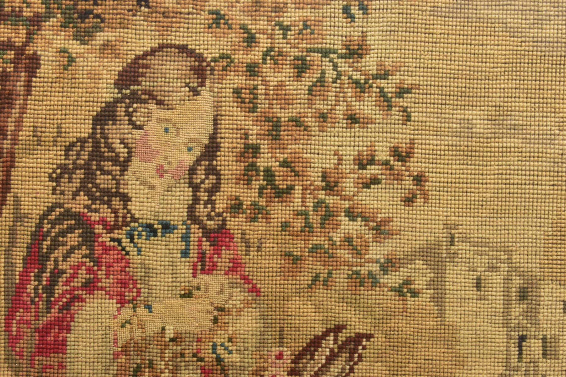 A VICTORIAN HAND SEWN TAPESTRY DEPICTING A YOUNG FEMALE FIGURE PUTTING FLOWER GARLANDS ONTO A - Bild 3 aus 4