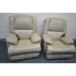 A PAIR OF CREAM LEATHER ELECTRIC RECLINER CHAIRS (PAT PASS AND WORKING, SOME WEAR)
