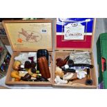 TWO CIGAR BOXES OF PIPES, to include novelty Meerschaum pipes featuring a horse, a lion and human
