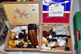 TWO CIGAR BOXES OF PIPES, to include novelty Meerschaum pipes featuring a horse, a lion and human