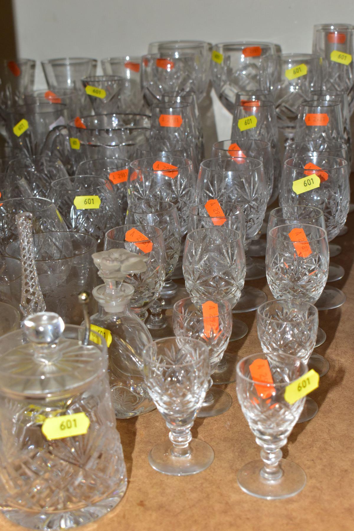 A COLLECTION OF DRINKING GLASSES, ETC to include six small wine, four large wine, various whisky,