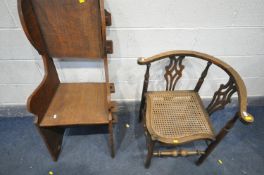 A BESPOKE/RUSTIC HARDWOOD CHAIR, width 53cm x depth 41cm x height 107cm (lambing style) and a cane