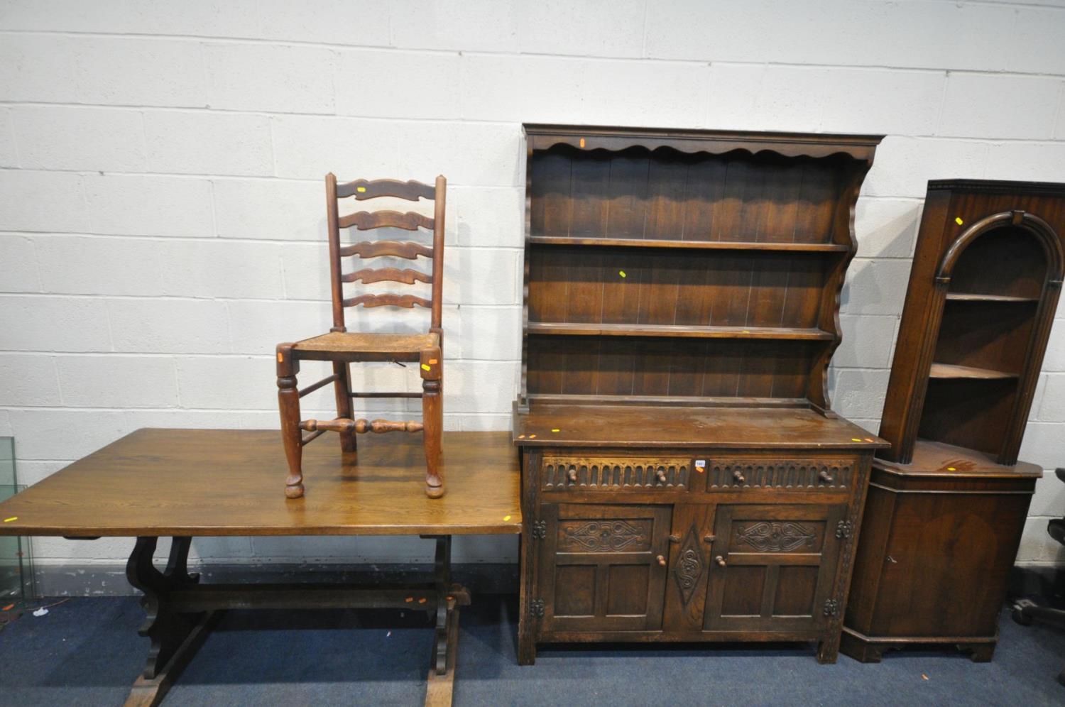 AN OAK DRESSER with a two tier plate rack and two drawers, width 130cm x depth 42cm x height 172cm x