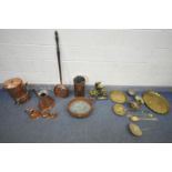 A QUANTITY OF BRASS AND COPPER ITEMS, comprising a drinks dispenser, four various hay measures,
