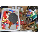 A BOX OF LOOSE LEGO PIECES, SUBBUTEO TEAMS AND VINTAGE SPORTS SETS, to include a tub of loose