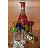 A SET OF SIX SECOND HALF 20TH CENTURY HARLEQUIN LIQUEUR GLASSES, flash cut, height 11cm, together