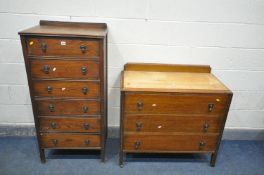 A TALL OAK CHEST OF SIX DRAWER, width 61cm x depth 43cm x height 126cm, and chest of three long