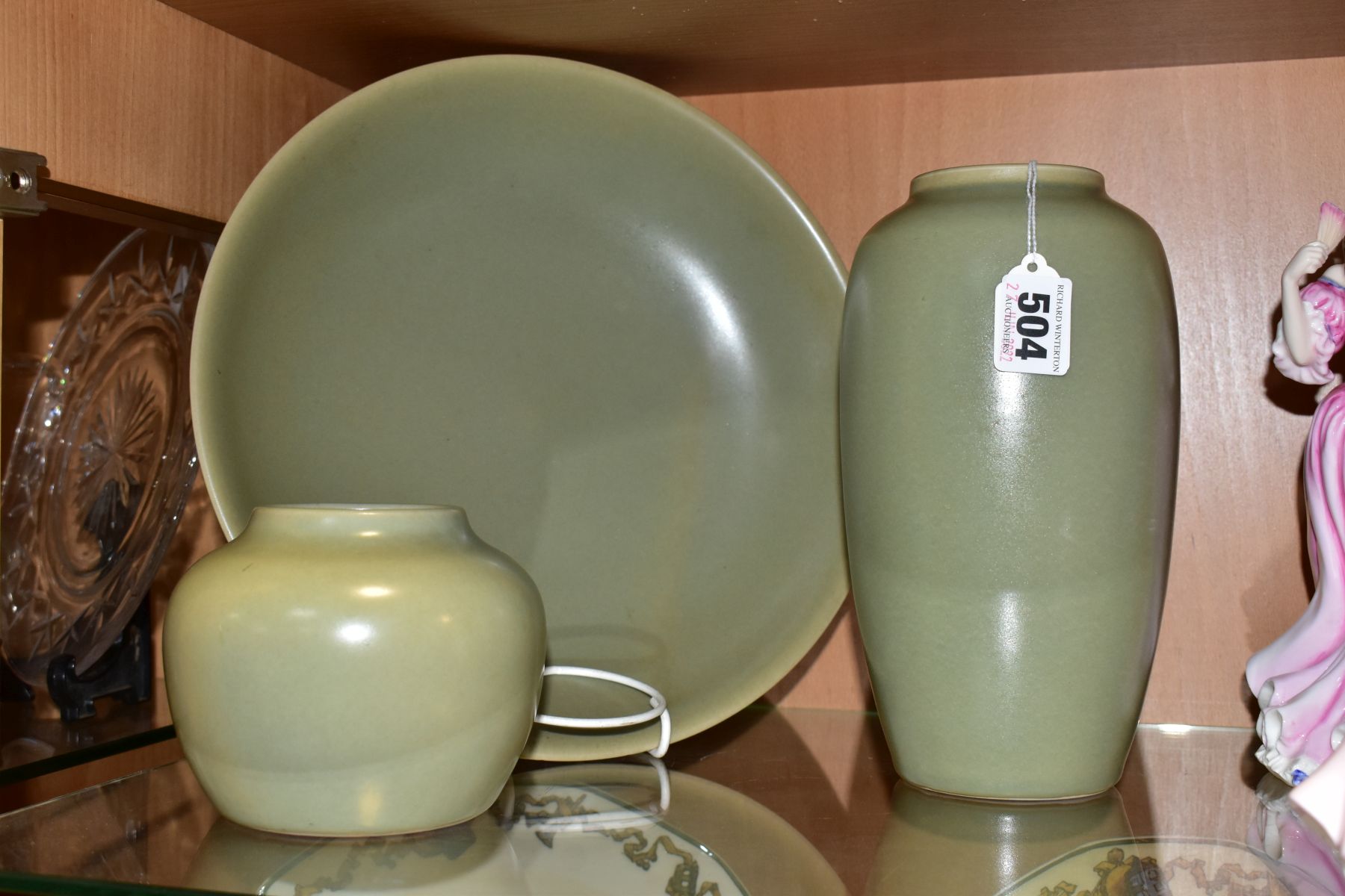 THREE PIECES OF BULLER'S ART POTTERY, by Agnete Hoy, with mottled pale sage green glaze,