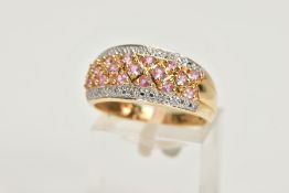 A 14CT GOLD SYNTHETIC PINK SAPPHIRE AND DIAMOND DRESS RING, comprising synthetic pink sapphire