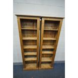 A PAIR TALL SLIM PINE OPEN BOOKCASES, width 59cm x 25cm x height 184cm (condition:-minor surface