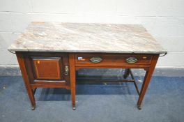 AN EDWARDIAN MAHOGANY AND INLAID MARBLE TOP WASHSTAND, with a single panelled cupboard door and