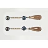 A PAIR OF 9CT GOLD CULTURED PEARL, QUARTZ AND COLOURLESS GEM EARRINGS, the grey cultured pearl