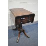 A GEORGE III MAHOGANY DROP LEAF SIDE WORK TABLE, with two drawers, on twin turned supports, and four