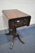A GEORGE III MAHOGANY DROP LEAF SIDE WORK TABLE, with two drawers, on twin turned supports, and four