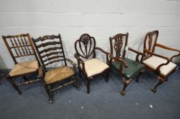 A REPRODUCTION CHIPPENDALE STYLE OPEN ARMCHAIR, with green leather seat pad, along cherrywood