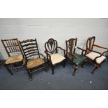 A REPRODUCTION CHIPPENDALE STYLE OPEN ARMCHAIR, with green leather seat pad, along cherrywood