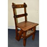 A VICTORIAN OAK GOTHIC STYLE METAMORPHIC CHAIR/LIBRARY STEPS, with quatrefoils to the bar back,