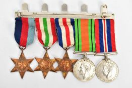 WORLD WAR II Medals, 1939-45, Italy, France & Germany Stars, Defence & War Medals, on a wearing bar,