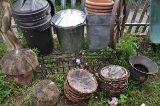A SELECTION OF GARDEN MISCELLANEOUS, to include two plastic waste bins, a galvanised waste bin, a