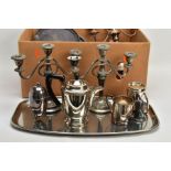 A BOX OF ASSORTED WHITE METAL WARE, to include a large oval tray, a three branch silver plated