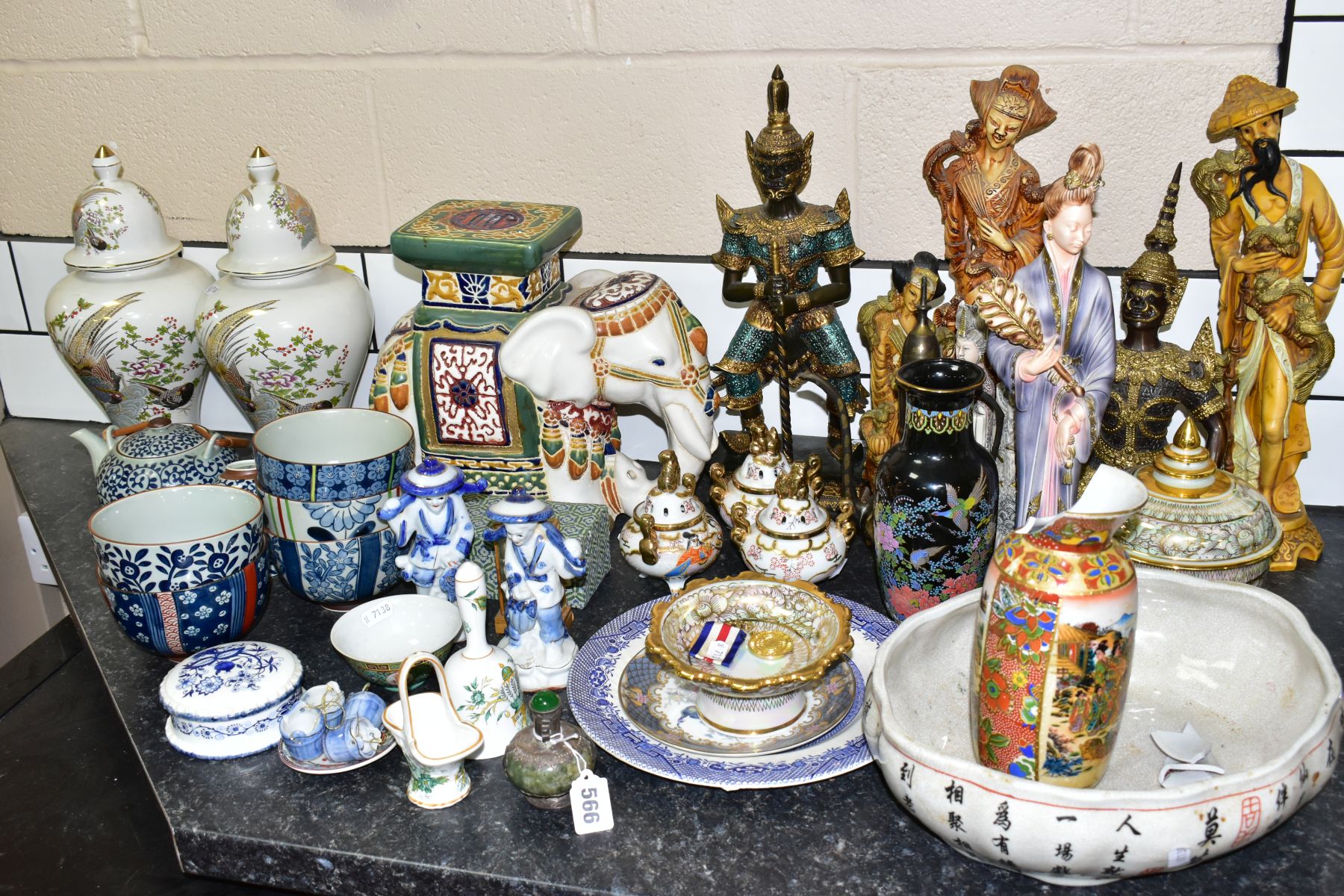 A GROUP OF ORIENTAL AND THAI CERAMICS, BRONZES AND PICTURES, to include a green nephrite scent