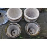 TWO COMPOSITE CIRCULAR GARDEN PLANTERS, singed willow stone, diameter 38cm x height 32cm, along with