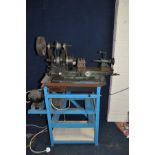 A VINTAGE MYFORD METAL WORKING LATHE with a 17in bed, belt drive by motor on separate frame,