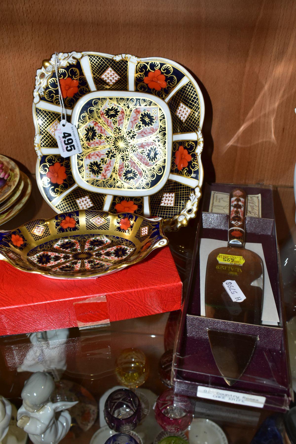 THREE PIECES OF ROYAL CROWN DERBY 1128 IMARI, comprising a twin handled lozenge shaped dish of