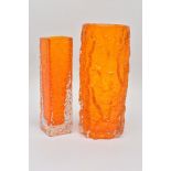 WHITEFRIARS TANGERINE GLASS DESIGNED BY GEOFREY BAXTER, comprising a textured bark vase, pattern