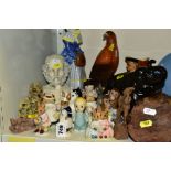 A MIXED QUANTITY OF ROYAL DOULTON FIGURINES 'BUNNYKINS' ETC, a toby jug, a carved wooden Buddha