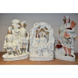 THREE VICTORIAN STAFFORDSHIRE POTTERY FLAT BACK FIGURE GROUPS, comprising a male bag pipe player
