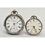 TWO SILVER POCKET WATCHES, the first with an open face, circular white dial, Roman numerals,