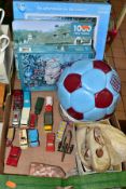 A QUANTITY OF UNBOXED & ASSORTED MATCHBOX DIECAST VEHICLES, JIGSAWS AND SIGNED FOOTBALL, to