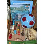 A QUANTITY OF UNBOXED & ASSORTED MATCHBOX DIECAST VEHICLES, JIGSAWS AND SIGNED FOOTBALL, to