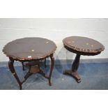 AN EDWARDIAN MAHOGANY CENTRE TABLE, diameter 73cm x height 70cm (historical crack to the top) and