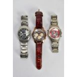 THREE WRISTWATCHES, to include a cased SEKONDA watch with rose gold plated case on a red leather