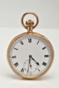 A 9CT GOLD OPEN FACE POCKET WATCH, manual wind, round white dial, Roman numerals, subsidiary dial at