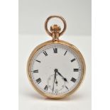 A 9CT GOLD OPEN FACE POCKET WATCH, manual wind, round white dial, Roman numerals, subsidiary dial at