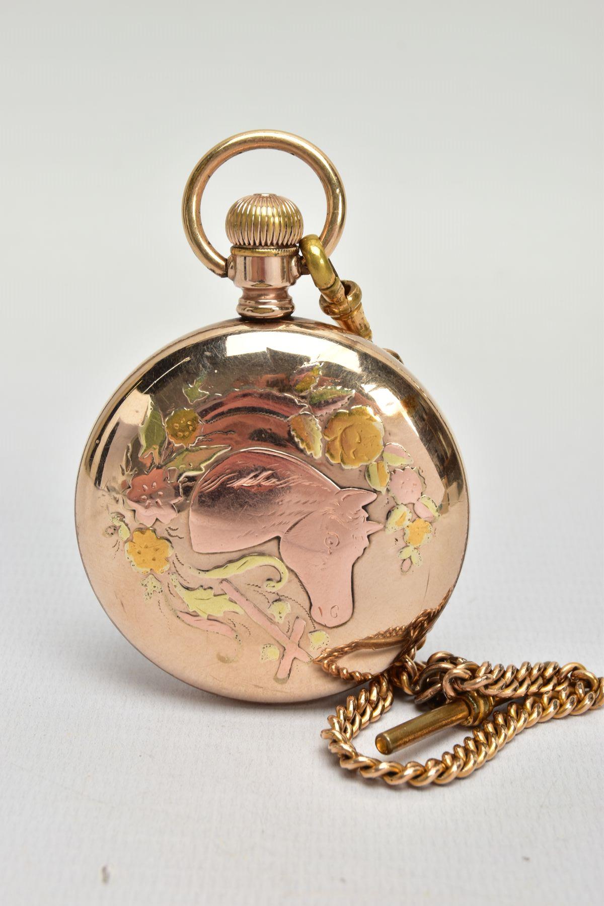 A WALTHAM EARLY 20TH CENTURY GOLD PLATED POCKET WATCH, the white enamel dial with black Arabic - Bild 2 aus 3