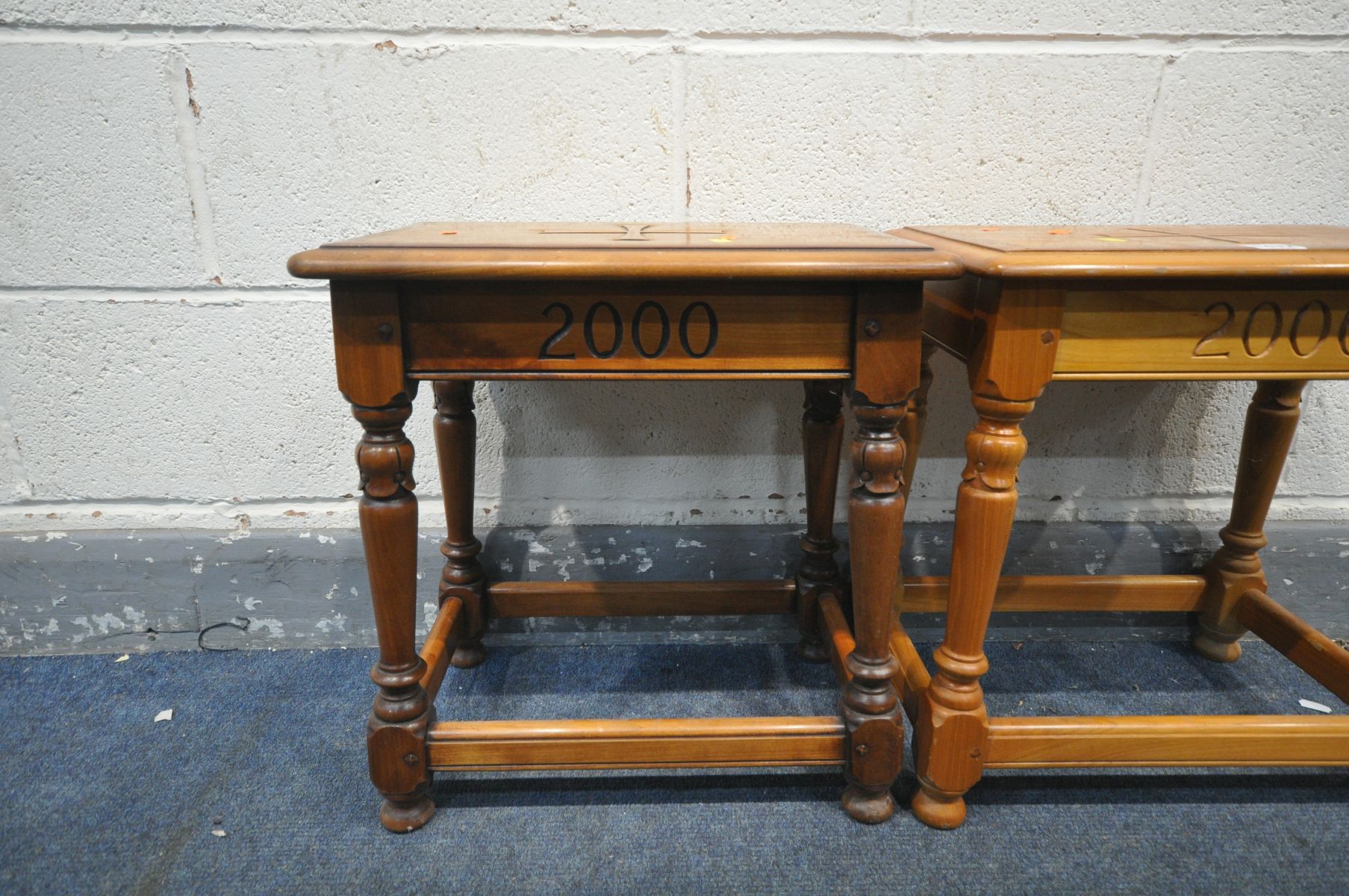 A PAIR OF SIMPSONS OF NORFOLK CHERRYWOOD AND CROSSBANDED MILLENNIUM STOOLS, the with a carved - Image 3 of 3