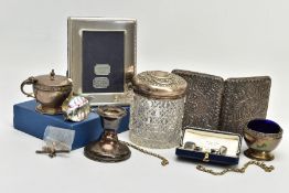 A SELECTION OF SILVER AND WHITE METAL ITEMS, to include a cut glass and silver embossed lidded