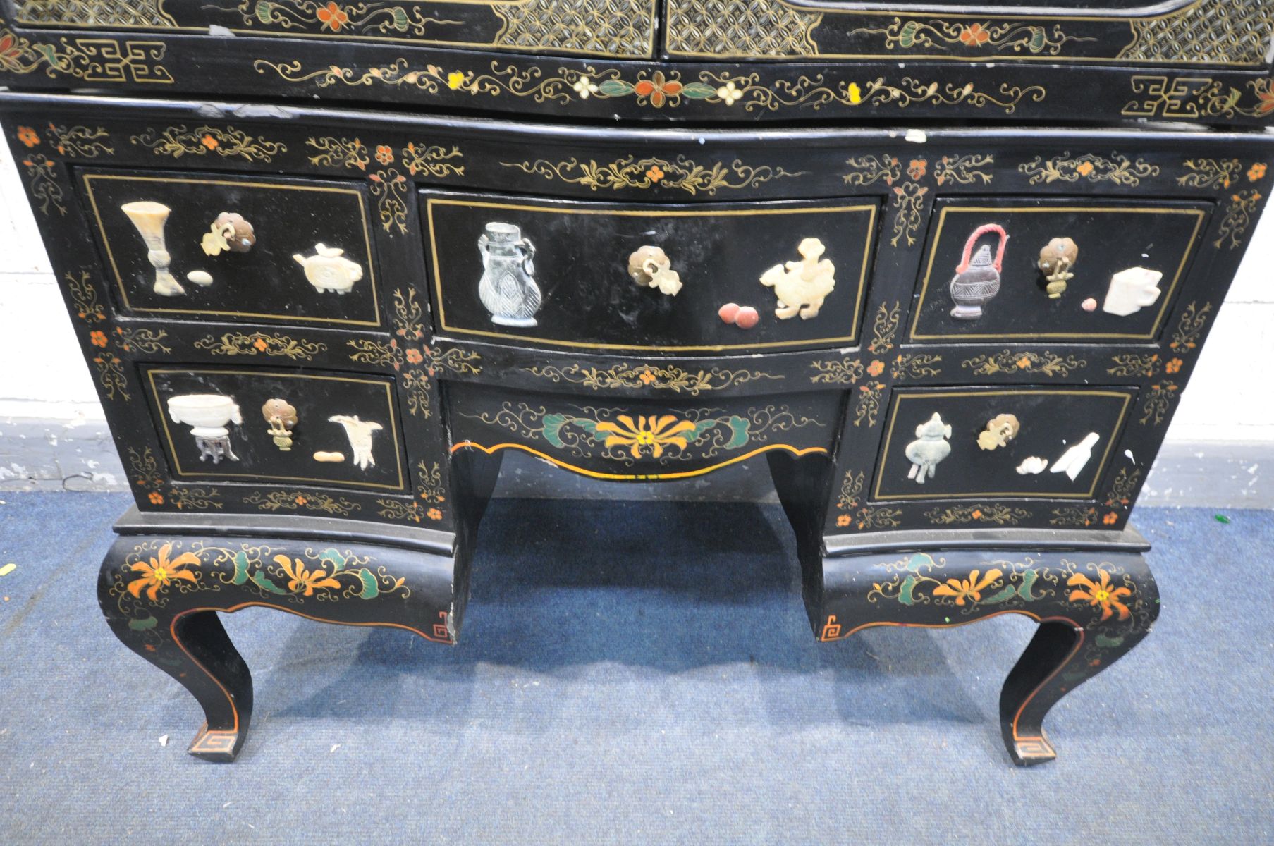 A 20TH CENTURY EBONISED JAPANNED TWO DOOR CUPBOARD, with chinoiserie decoration, the base with an - Image 7 of 7