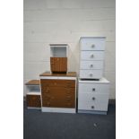 A WHITE AND WOOD EFFECT CHEST OF FOUR DRAWERS, width 75cm x depth 39cm x height 83cm, a matching
