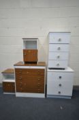 A WHITE AND WOOD EFFECT CHEST OF FOUR DRAWERS, width 75cm x depth 39cm x height 83cm, a matching