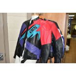 MOTORBIKE LEATHERS ETC, comprising two IXS black and multi coloured leather jackets 42'' and 50'',