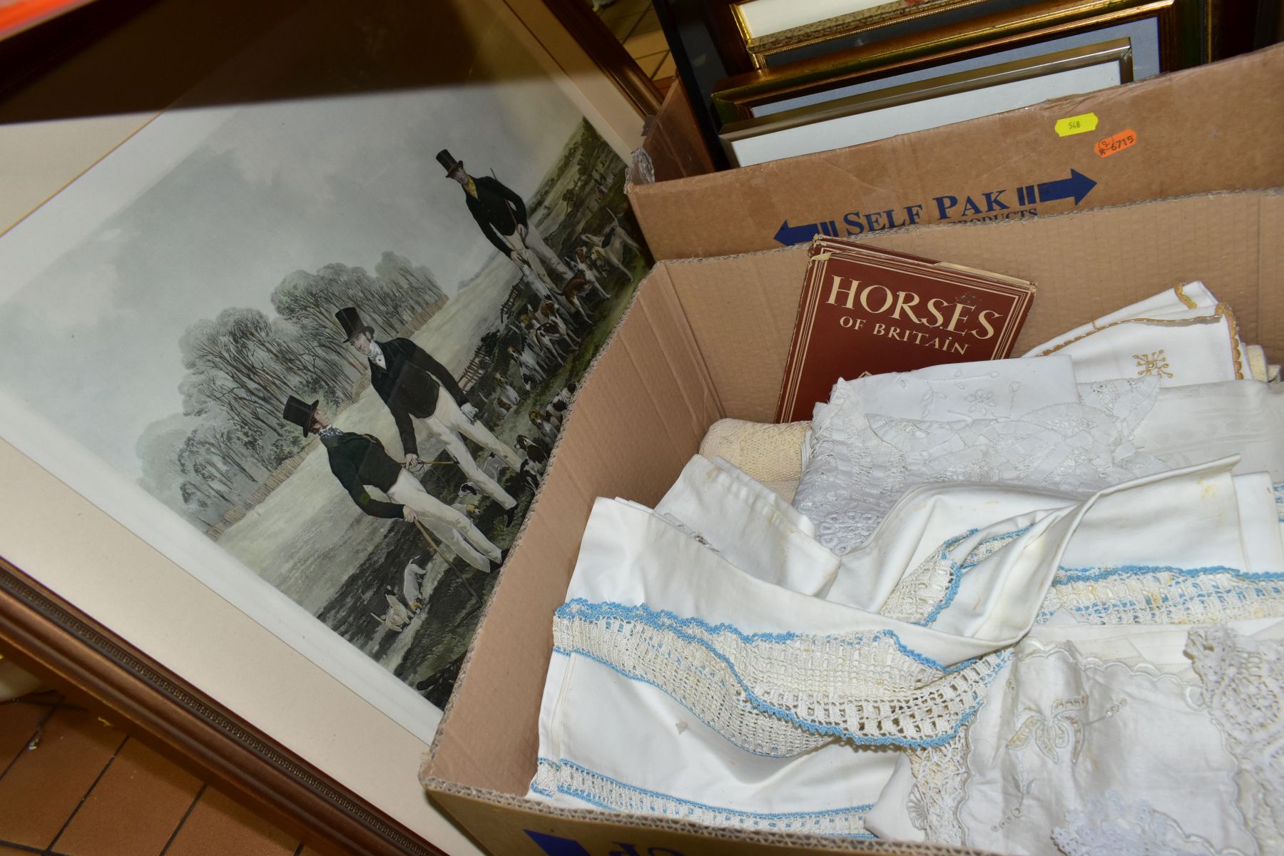 THREE BOXES AND LOOSE PICTURES, MAP, LINENS, SOFT TOYS AND SUNDRY ITEMS, to include a canvas - Bild 4 aus 5