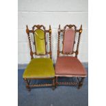 A PAIR OF VICTORIAN OAK CHAIRS, with barley twist uprights and stretchers, covered in green and pink