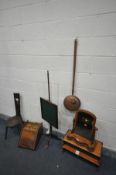 A 19TH CENTURY WALNUT PURDONIUM, along with a carved oak spinning chair, a Victorian mahogany