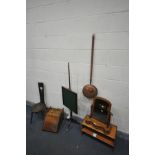 A 19TH CENTURY WALNUT PURDONIUM, along with a carved oak spinning chair, a Victorian mahogany